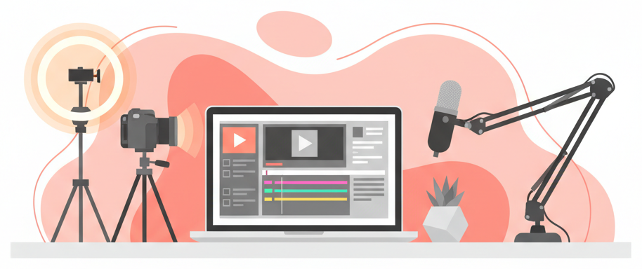 Content creator workspace illustration showing camera, ring light, laptop, and microphone