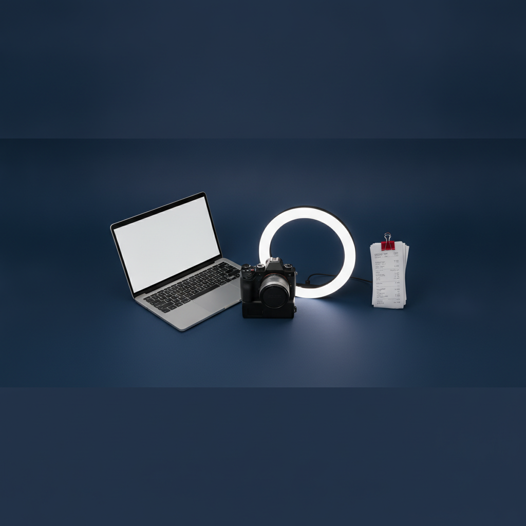 Content creator desk with camera, ring light, laptop and receipts