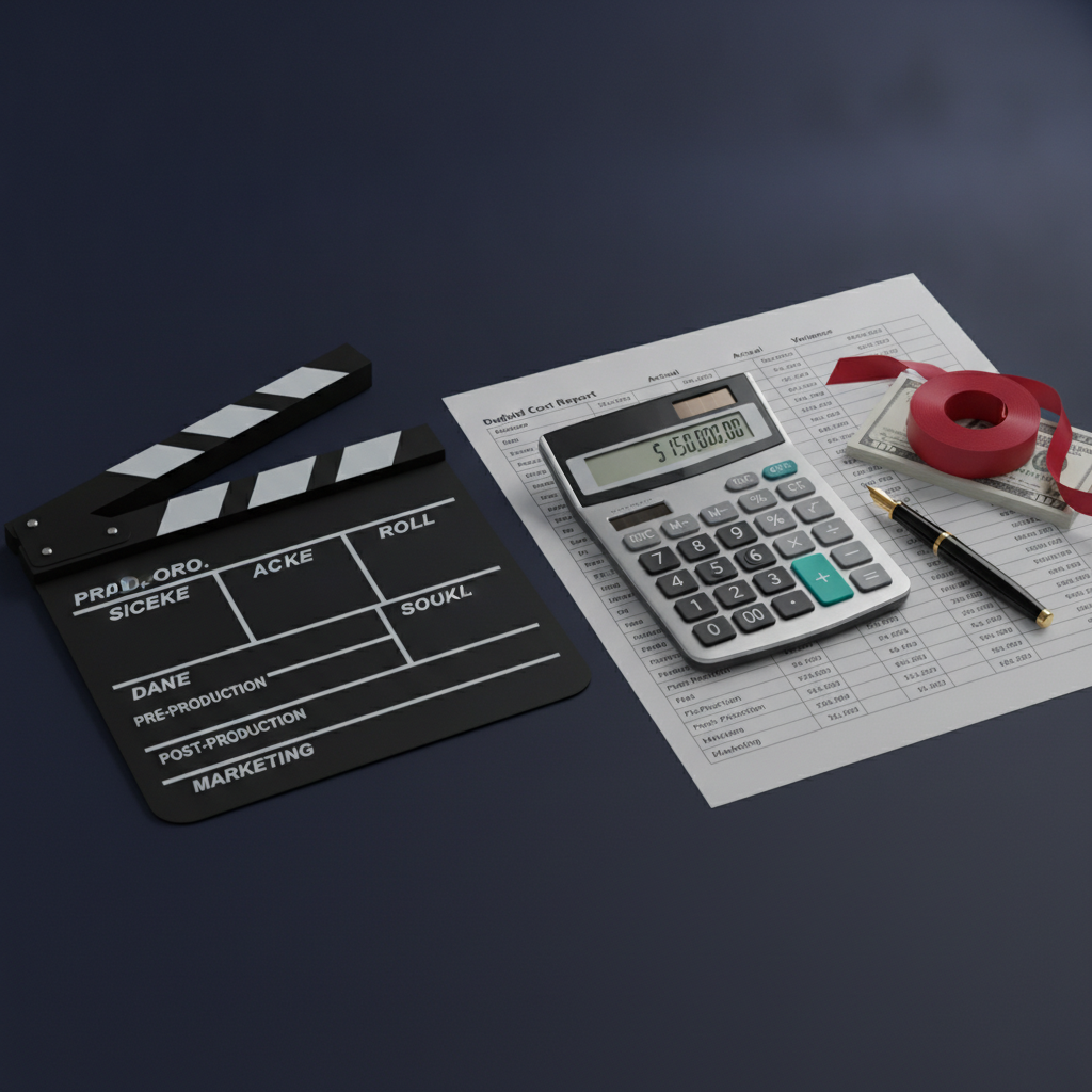 Film clapperboard beside a production cost report and calculator